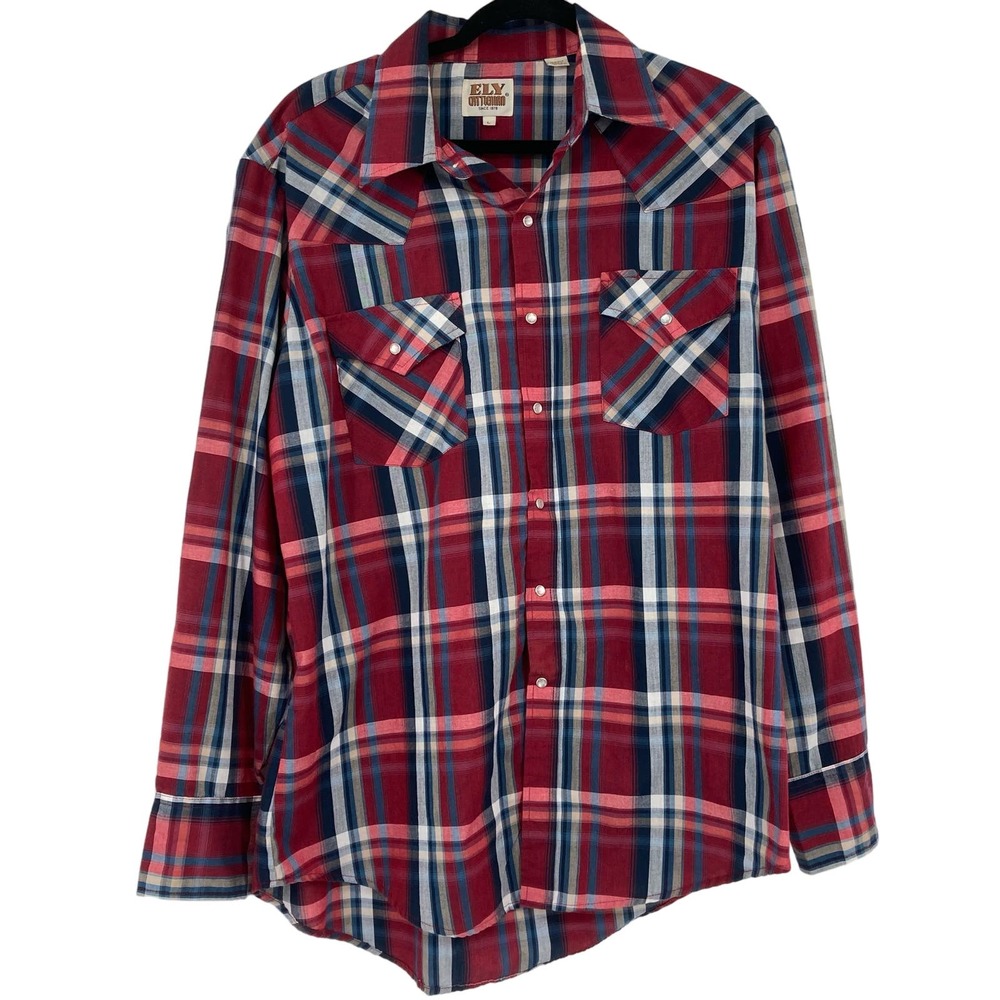 Ely Cattleman Plaid Pearl Snap Western Rodeo USA Mens Shirt Lg